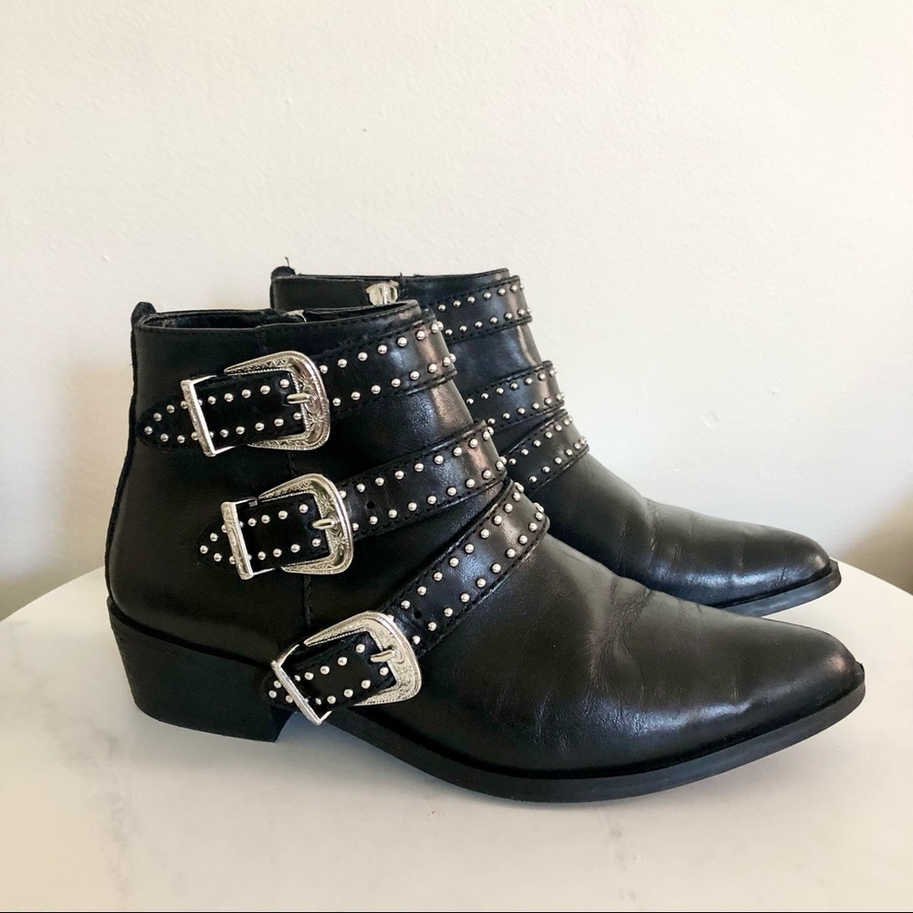AQUA Blane Studded Leather Western Buckle Ankle Booties Boots
